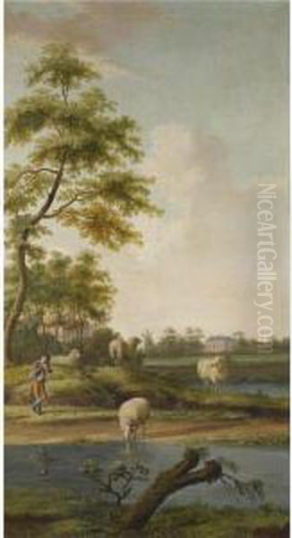 A Fluvial Landscape With Cows Grazing, A Farm Beyond - view 1