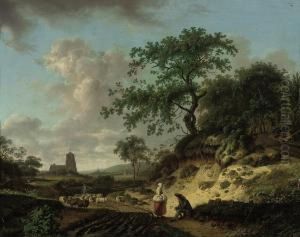 A Wooded Landscape With Peasants
 Conversing By A Track And A Droverwith His Herd, A Church Beyond