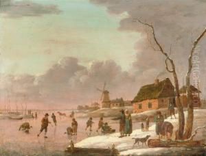 A Winter Landscape With Skaters 
On A Frozen River And Townsfolk Onthe Banks, A Windmill Beyond by Hendrick Willelm Schweickhardt