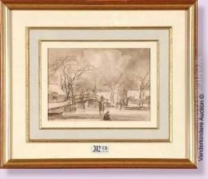 Paysage Hollandais Anime Sous La Neige by Hendrick Willelm Schweickhardt