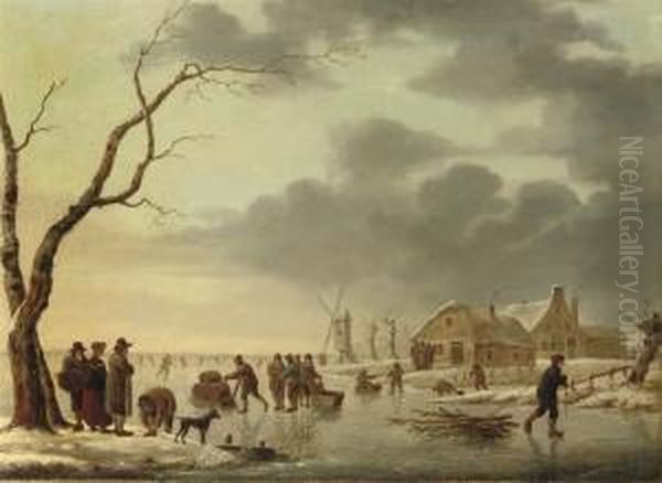 A Winter Landscape With Peasants
 Skating On A Frozen River, A Village And A Windmill Beyond - view 1