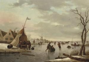 A Winter Landscape With Figures Skating On A Frozen Lake by Hendrick Willelm Schweickhardt
