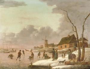 A Winter Landscape With Skaters 
On A Frozen River And Townsfolk On The Banks, A Windmill Beyond by Hendrick Willelm Schweickhardt