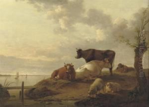 A River Landscape With A Peasant Resting Near His Cows And Sheep by Hendrick Willelm Schweickhardt