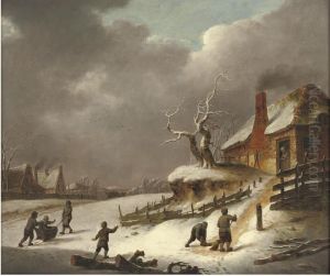 A Winter Landscape With Children by Hendrick Willelm Schweickhardt