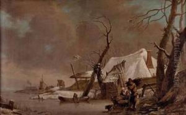 Grose Winterlandschaft Mit Einem Bauernhaus Und Einem Bauernpaar Beim Holzsammeln - view 1