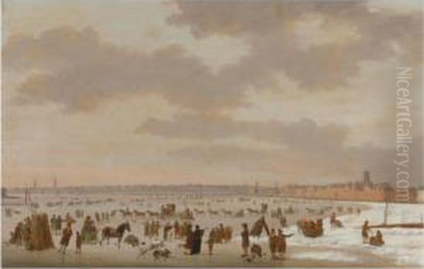 A Winter Landscape In Rotterdam
With Skaters, Horse Drawn Carriages And Other Figures On The Frozen Maas
River - view 1