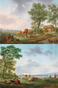 Pastori Con Armenti In Un Paesaggio Soleggiato by Hendrick Willelm Schweickhardt