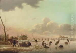 A Winter Landscape With Figures Skating On A Frozen River by Hendrick Willelm Schweickhardt