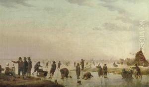 A Winter Landscape With Figures Skating And Sleighing