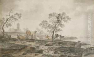 A River Landscape With A
Herdsman Resting And Cows Grazing Near The Banks, A Church Beyond by Hendrick Willelm Schweickhardt