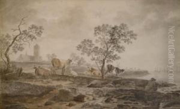 German Watercolour Cattle In A Landscape #name? Cuyp Signed 12.5 X 20.5in - view 1