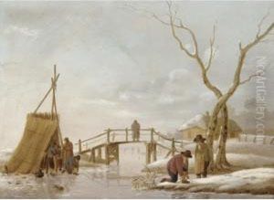 A Winter Landscape With Figures Putting Their Skates On