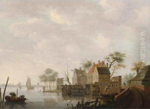 A Village Along A River With Fishermen Fishing In Front, Three Sailing Vessels Beyond - view 1