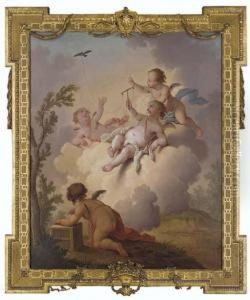 Putti Playing With A Teathered Bird by Hendrick Willelm Schweickhardt