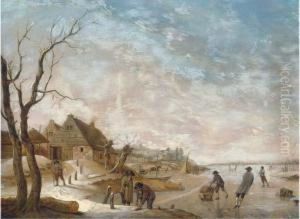 A Winter Landscape With Figures Skating On A Frozen Lake