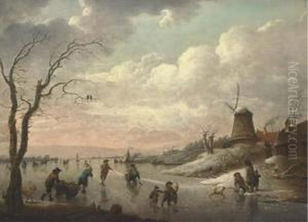 A Winter Landscape With Peasants Skating On A Frozen River By Avillage With A Windmill - view 1
