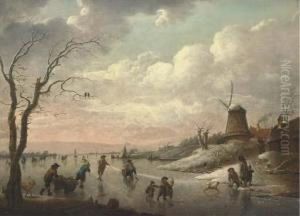 A Winter Landscape With Peasants Skating On A Frozen River By Avillage With A Windmill by Hendrick Willelm Schweickhardt