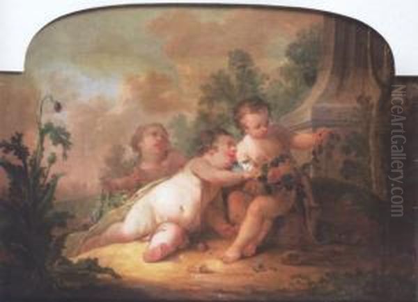 Three Putti Holding Garlands Of Flowers Beside A Classical Column - view 1