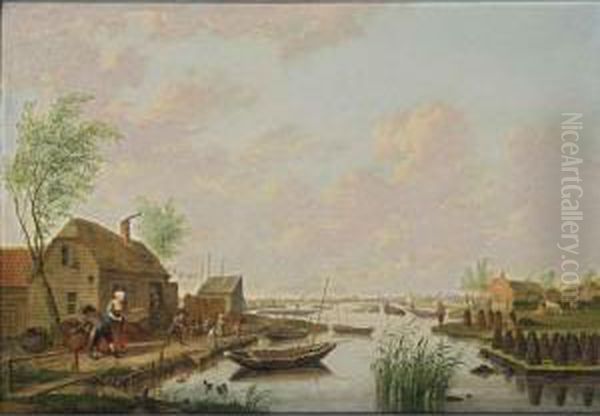 A Canal Landscape With A Peasant
 Family Outside Their Cottage And Piles Of Peat Along The River Bank, 
With Peat-grounds Beyond - view 1