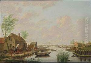 A Canal Landscape With A Peasant
 Family Outside Their Cottage And Piles Of Peat Along The River Bank, 
With Peat-grounds Beyond