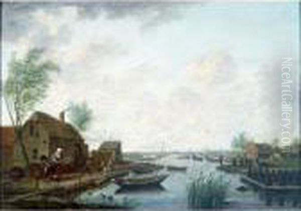 A Canal Landscape With A Peasant
 Family Outside Their Cottage And Piles Of Peat Along The Bank - view 1