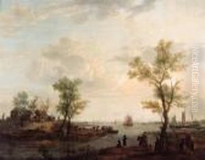 Figures By An Inn In An
Extensive River Landscape With Travellersand Huntsmen Resting In The
Foreground; And An Extensive Riverestuary With Figures On A Ferry Before
A Blacksmiths by Hendrick Willelm Schweickhardt
