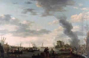 A Boatyard With Stevedores On The Shore With Figures In Aferry A Boatyard With Stevedores On The Shore With Figures In Aferry