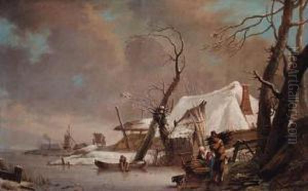 A Winter Landscape With Faggot Gatherers On A Frozen Waterway By Acottage - view 1