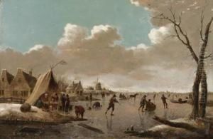 A Frozen River Landscape With Skaters And People Driving By Abooth, A Windmill Beyond by Hendrick Willelm Schweickhardt