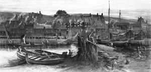 Figures Mending The Nets At Whitby Harbour by Charles Earle