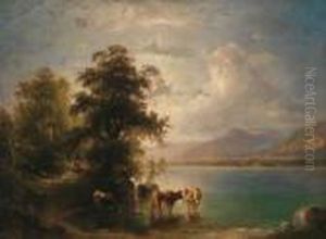 Herdsman With Cows On The Lake Shore