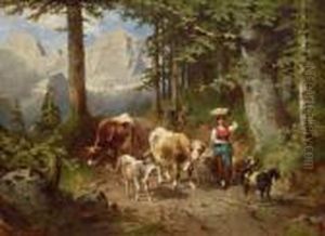 Pastorella Con Gregge Che Rientrano Dal Pascolo by Carl I Schweninger