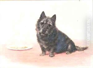Suppertime a Scottish terrier sitting by a plate by Maud Earl