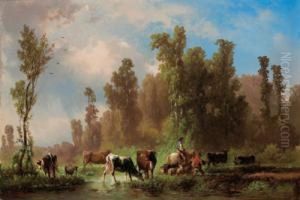 Cow Herd With Deer On A Pond by Karl Schweninger