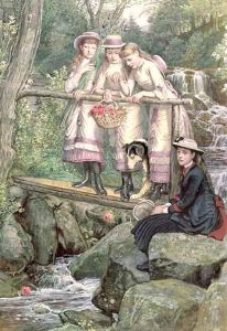 Four Girls and a Dog on a Bridge Over the Debdon Burn by Henry Hetherington Emmerson