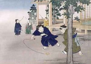 Spinning top and blowing bubbles from the series Childrens Games by Kobayashi Eitaku