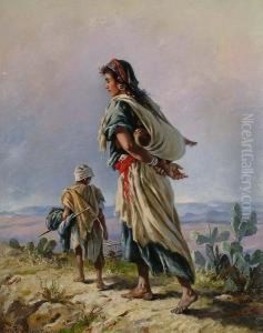 Desert Landscape With Mother And Children In The Foreground by Antonio, Cavaliero Scognamiglio