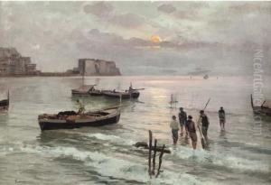 Italian Fishermen At Dusk by Raimpondo Scoppa