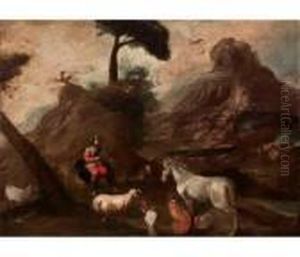 Paesaggio Con Figura Di Musicante E Animali by Sinibaldo Scorza