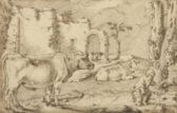 Landschaft Mit Tieren, Ruinen Und Einem Knaben. - view 1