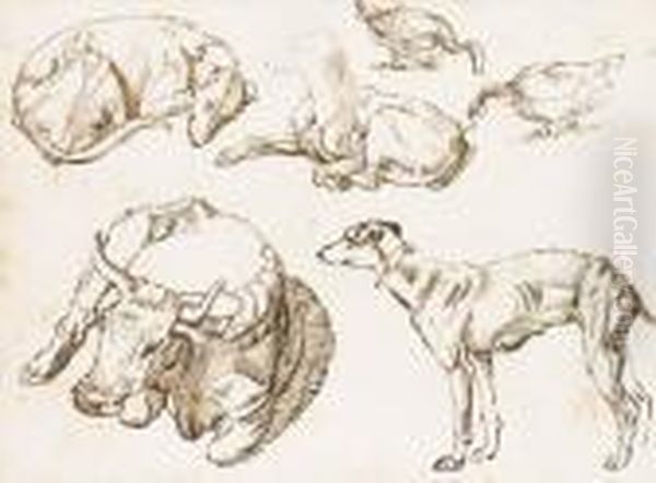 Etudes De Trois Levriers, Une Vache Et Deux Oies - view 1