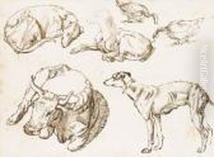 Etudes De Trois Levriers, Une Vache Et Deux Oies