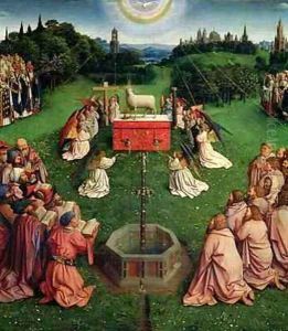 The Ghent Altarpiece main panel depicting The Adoration of the Mystic Lamb