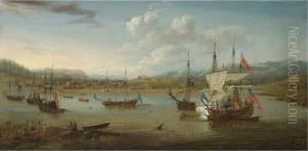 British Vessels At Anchor In
Annapolis Royal Harbour River, Nova Scotia, With A Vice-admiral Of The
Red Firing A Salute - view 1