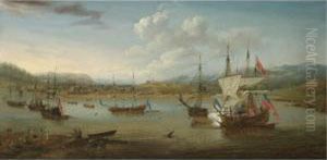 British Vessels At Anchor In
Annapolis Royal Harbour River, Nova Scotia, With A Vice-admiral Of The
Red Firing A Salute by Samuel Scott