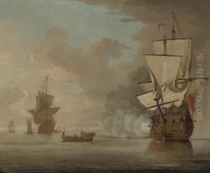 An English Man-o'war Saluting The Flagship As She Gets Underway From Her Anchorage