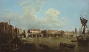 An Extensive View Of The Thames 
And The City Of London With Old London Bridge From The East, The Church 
Of St. Magnus And The Monument Beyond by Samuel Scott