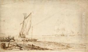 Seascape With Vessels At The Shoreline by Samuel Scott