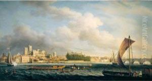 The Thames At Westminster Bridge With Barges